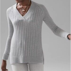 WHBM | Ribbed Tunic S Gray Long Sleeve V Neck Cashmere Blend Quiet Luxury Chic